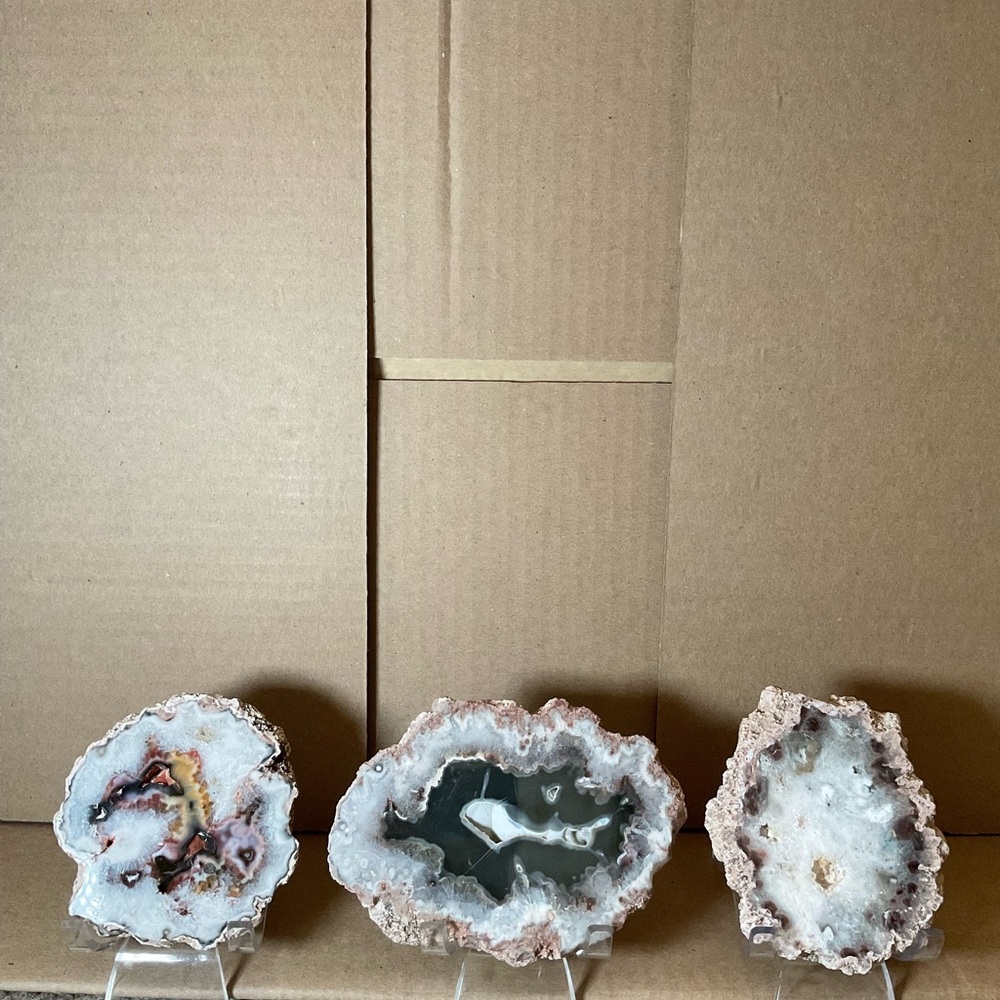 3 Brazilian Agate crystal slices w/ stands